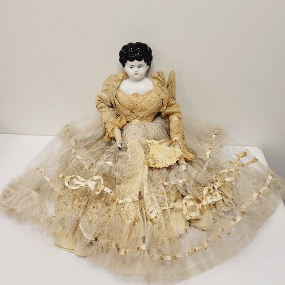 Antique Porcelain China Doll Germany Gold Lace Dress 15 - Picture 1 of 13